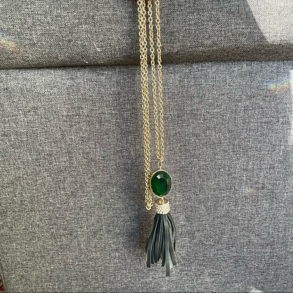 Long Necklace, Green Rhinestone Jewel, Gold-tone